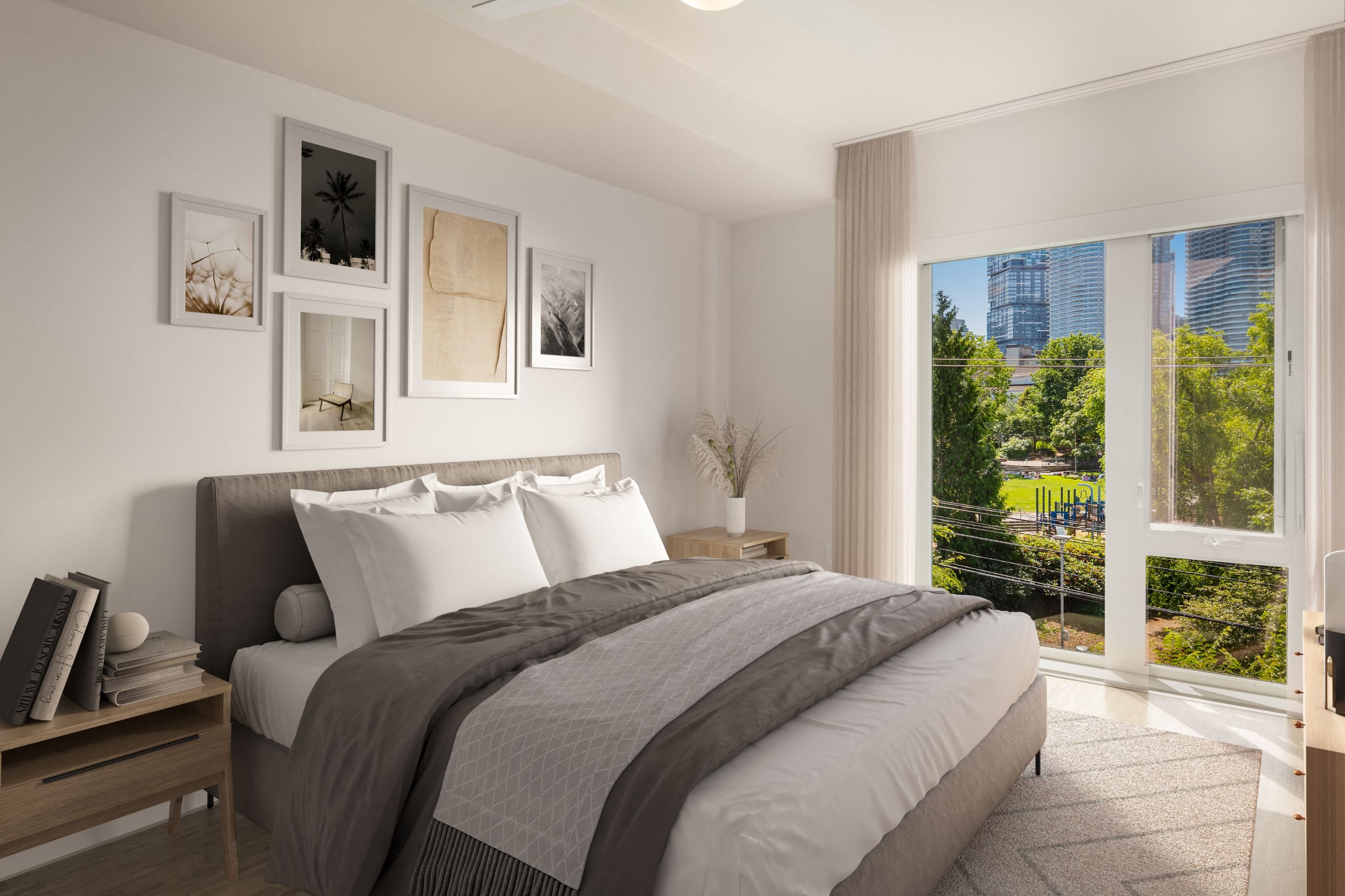 a bedroom with a bed and a large window